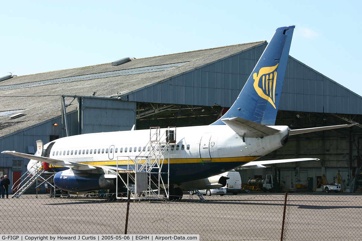G-FIGP, 1983 Boeing 737-2E7 C/N 22875, Ex Ryanair. Caught on the day it was delivered with its registration removed. Close inspection reveals that some wag had changed the registration to 'G-PIGP'!