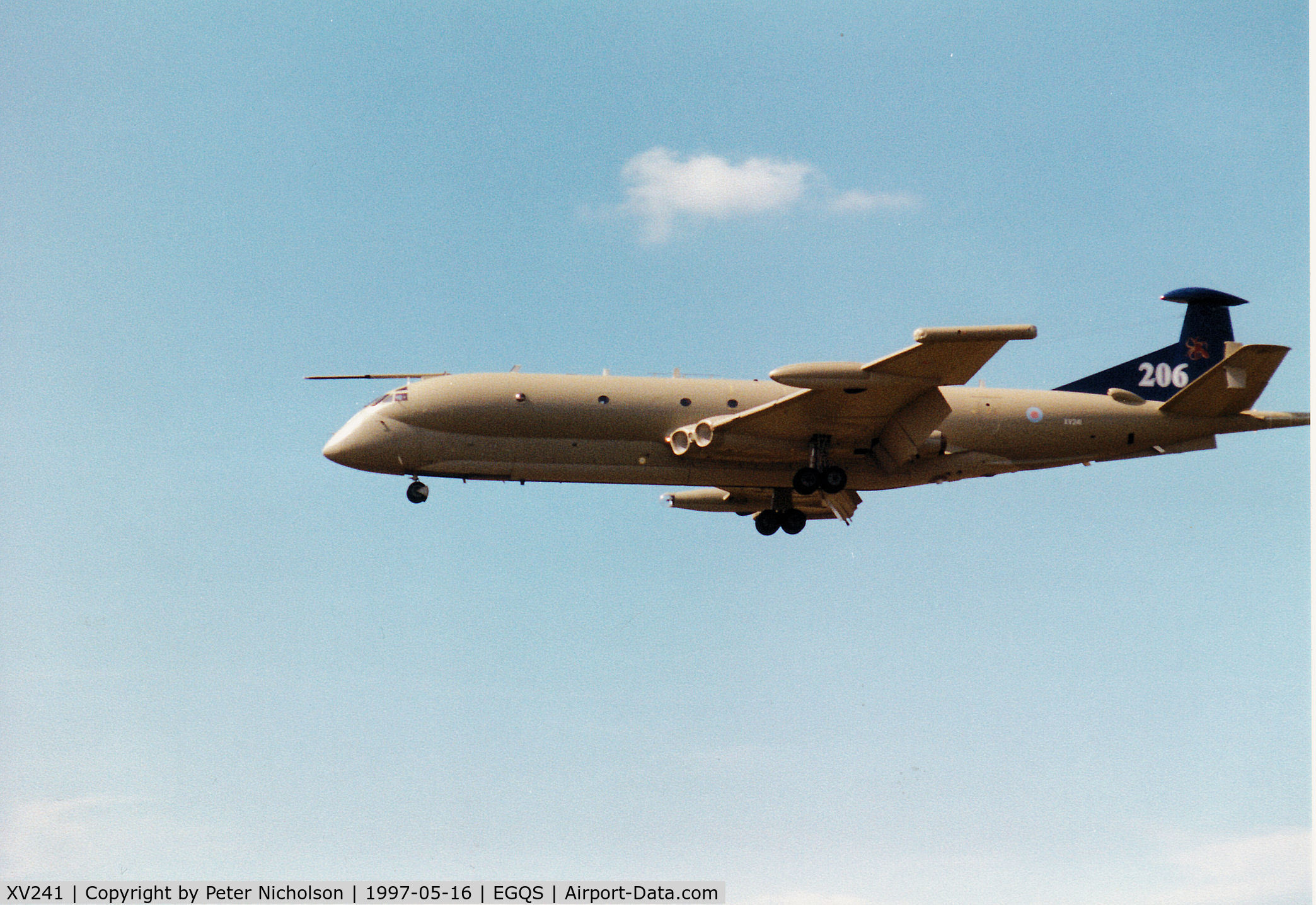 XV241, Hawker Siddeley Nimrod MR.2 C/N 8016, Nimrod MR.2 of the Kinloss Maritime Wing on approach to Runway 23 at RAF Lossiemouth in May 1997.