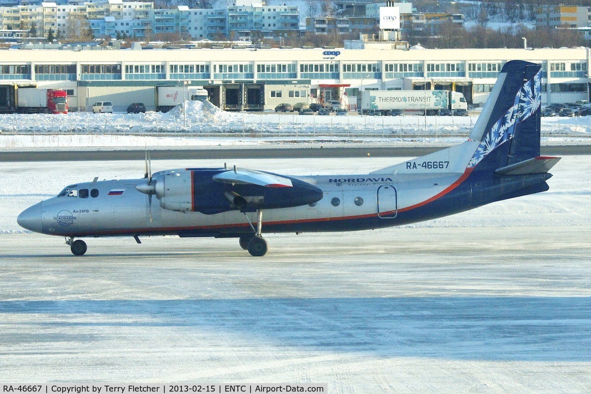 RA-46667, 1974 Antonov An-24RV C/N 47309508, Nordavia operate on Mondays and Friday from Murmansk to Tromso Norway - Pictured is Antonov An-24RV, c/n: 47309508 operating the sevice on February 15 2013