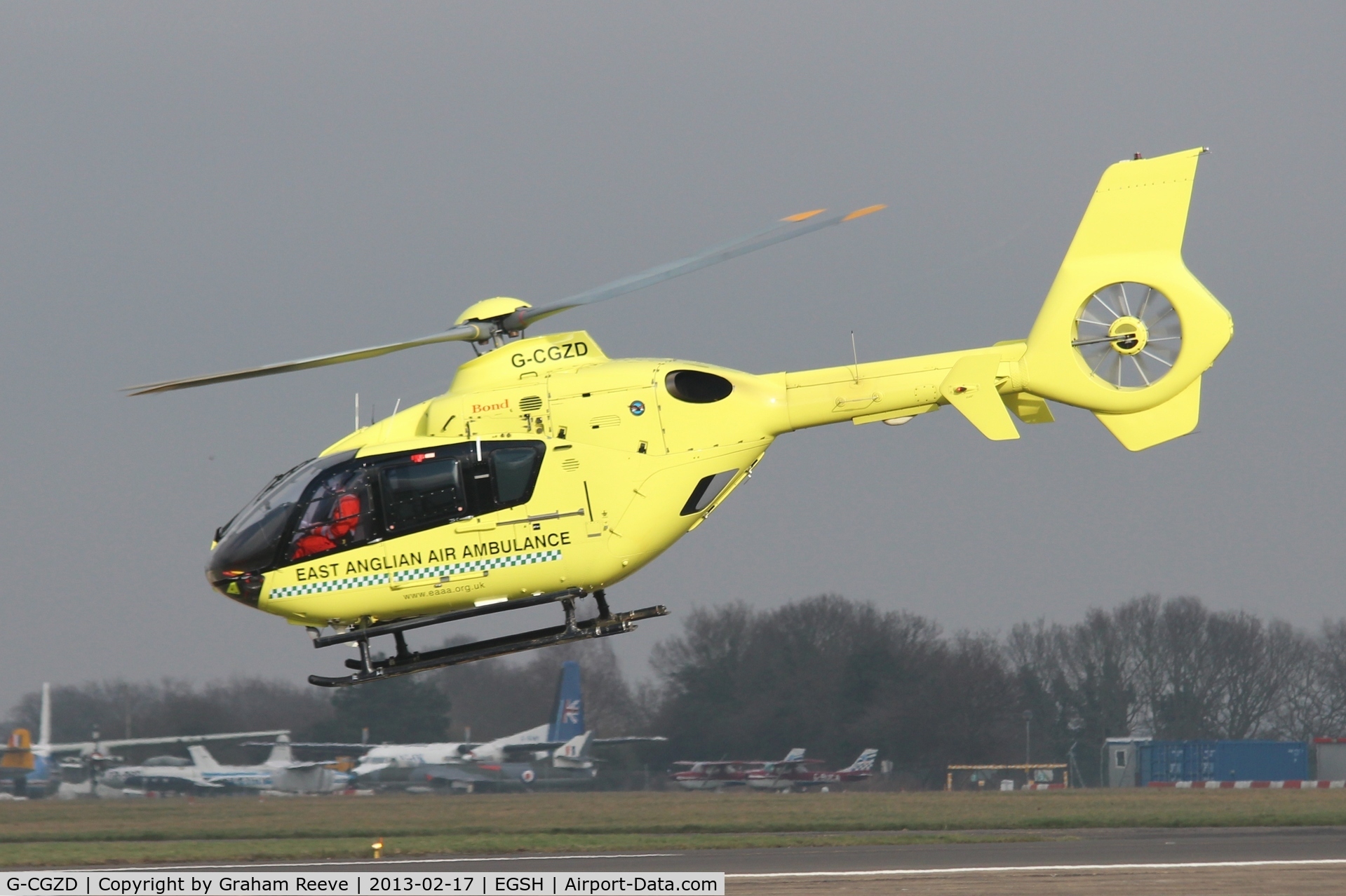 G-CGZD, 2006 Eurocopter EC-135P-2 C/N 0460, Departing from Norwich.