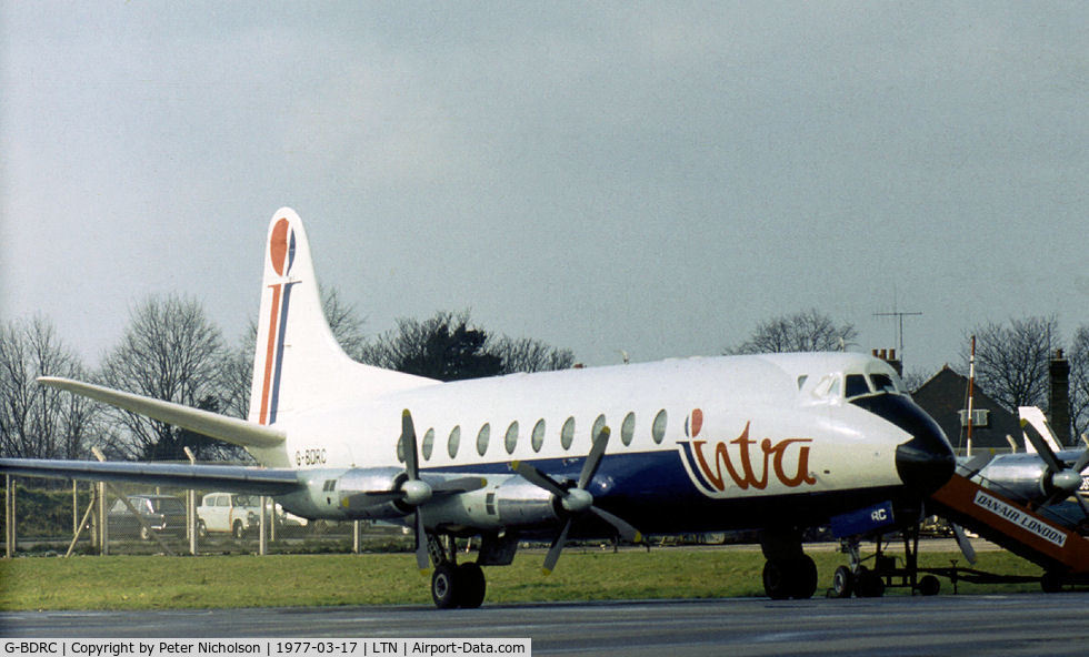 G-BDRC, 1955 Vickers Viscount 724 C/N 52, Viscount 724 of Intra Airways as seen at Luton in the Spring of 1977.