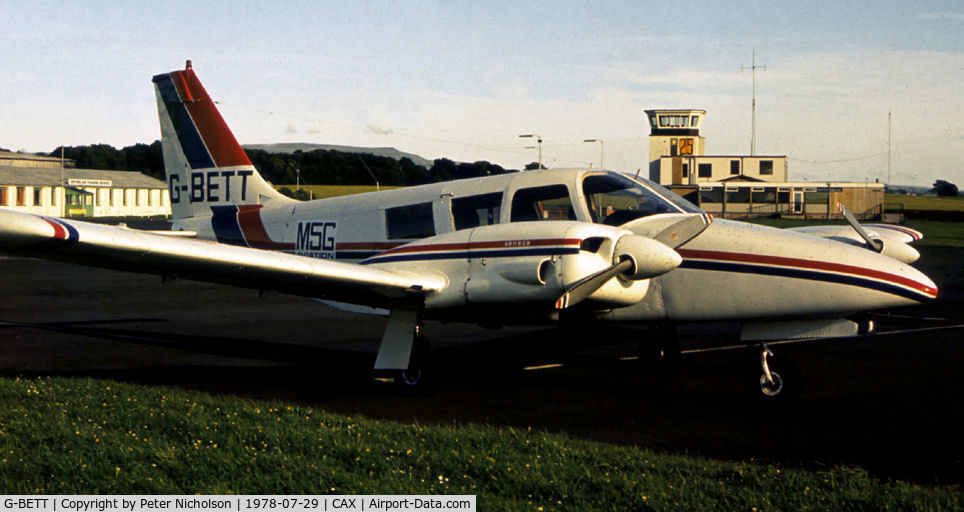 G-BETT, 1971 Piper PA-34-200 Seneca C/N 34-7250011, PA-34 Seneca 200 II of MSG Aviation visiting Carlisle in the Summer of 1978.
