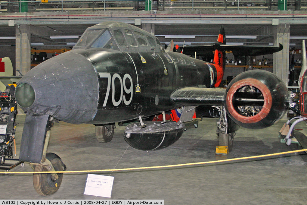 WS103, 1952 Gloster Meteor T.7 C/N Not found WS103, Royal Navy, coded 709. In the FAA Museum's Cobham Hall storage and restoration facility.