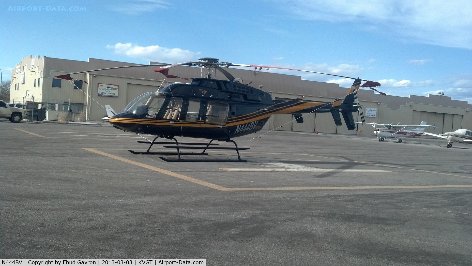 N444BV, Bell 407 C/N 53846, N444BV parked at 702 Helicopters KVGT prior to HAI Heli-Expo