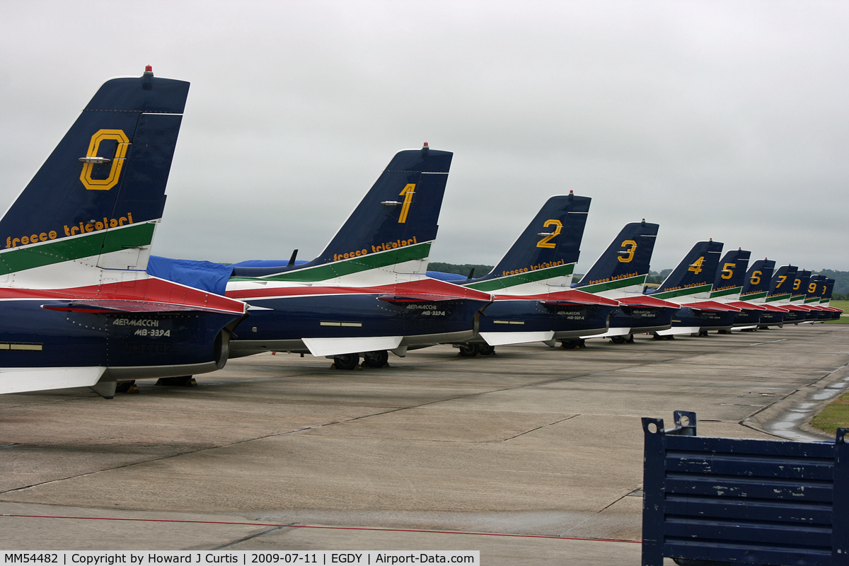 MM54482, Aermacchi MB-339PAN C/N 6677/072/AD011, At the Air Day. Lovely tidy Frecce Tricolori line-up.