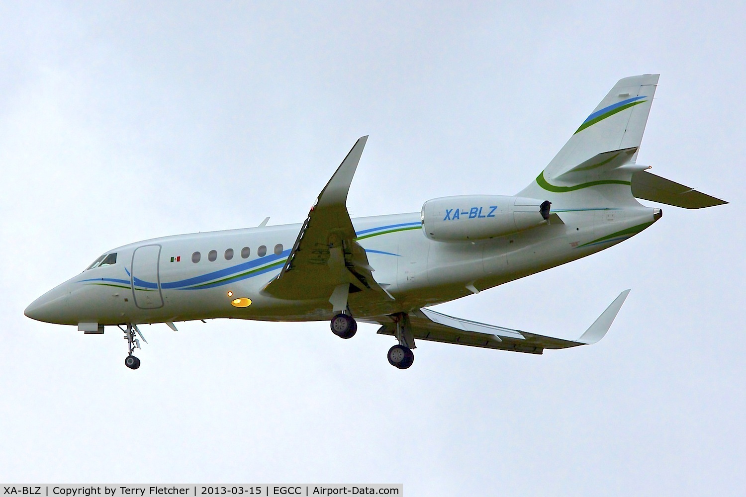 XA-BLZ, 2013 Dassault Falcon 2000LX C/N 251, Dassault Falcon 2000LX, c/n: 251 about to land at Manchester, UK