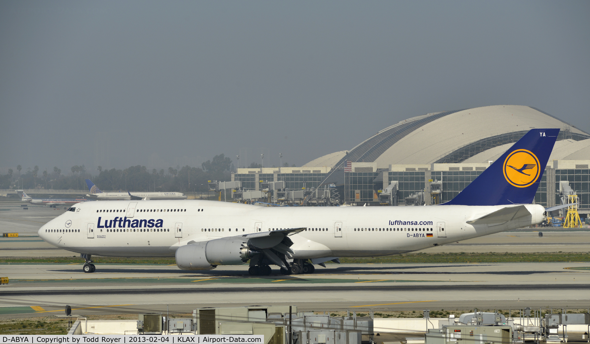 D-ABYA, 2012 Boeing 747-830 C/N 37827, Taxiing to gate at LAX