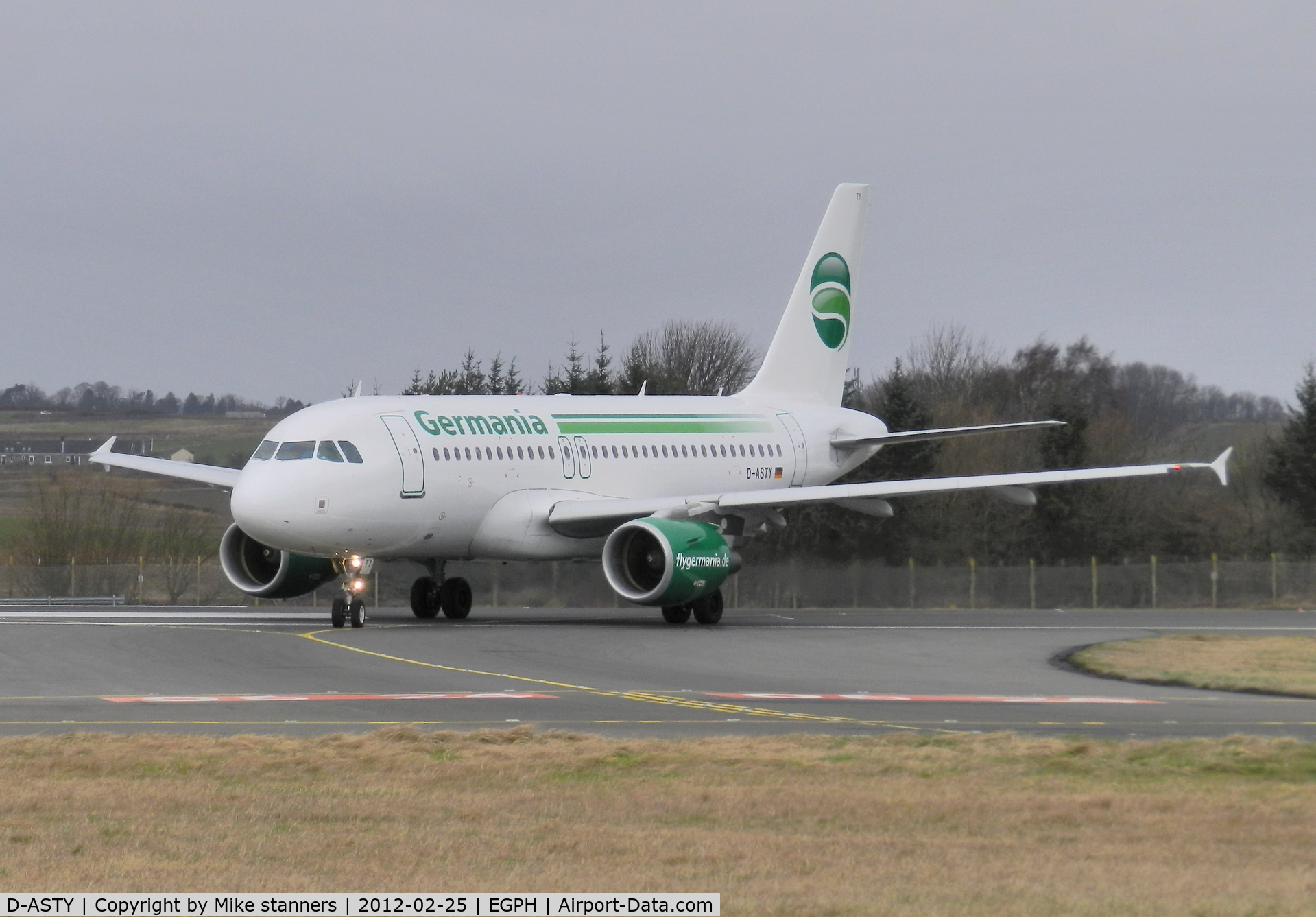 D-ASTY, 2008 Airbus A319-112 C/N 3407, Germania A319 Turns off runway 24 at bravo 1 on a six nations rugby charter flight