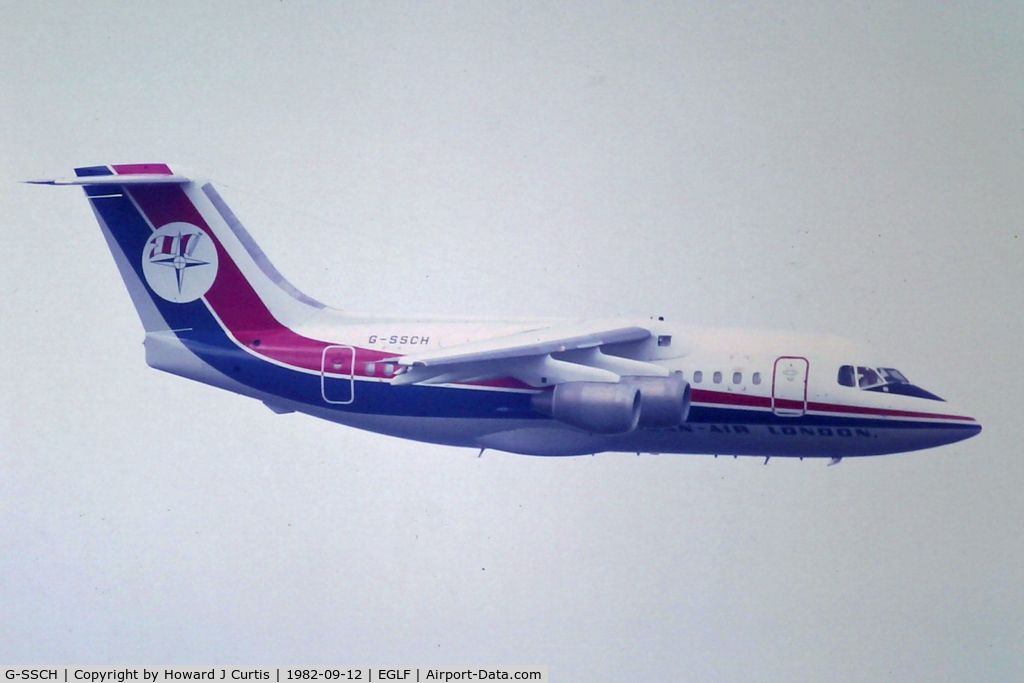 G-SSCH, 1983 British Aerospace BAe.146-100A C/N E1003, Dan-Air colours. At the Farnborough Air Show.