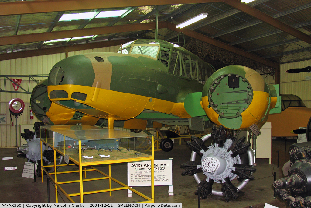 A4-AX350, 1942 Avro 625A Anson 1 C/N Not found A4-AX350, Avro 625A Anson 1 at Lincoln Nitschke's Aviation Museum, Greenoch, South Australia in 2004.