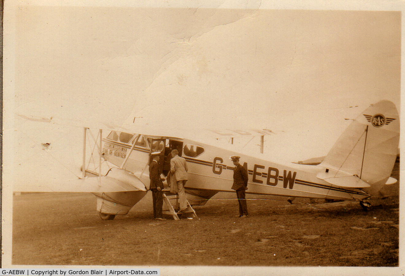 G-AEBW, 1936 De Havilland DH-89A Dragon Rapide C/N 6327, Photographed at Ronaldsway on the Isle of Man in 1936. Believed to be operating a service to Blackpool. From the family album.