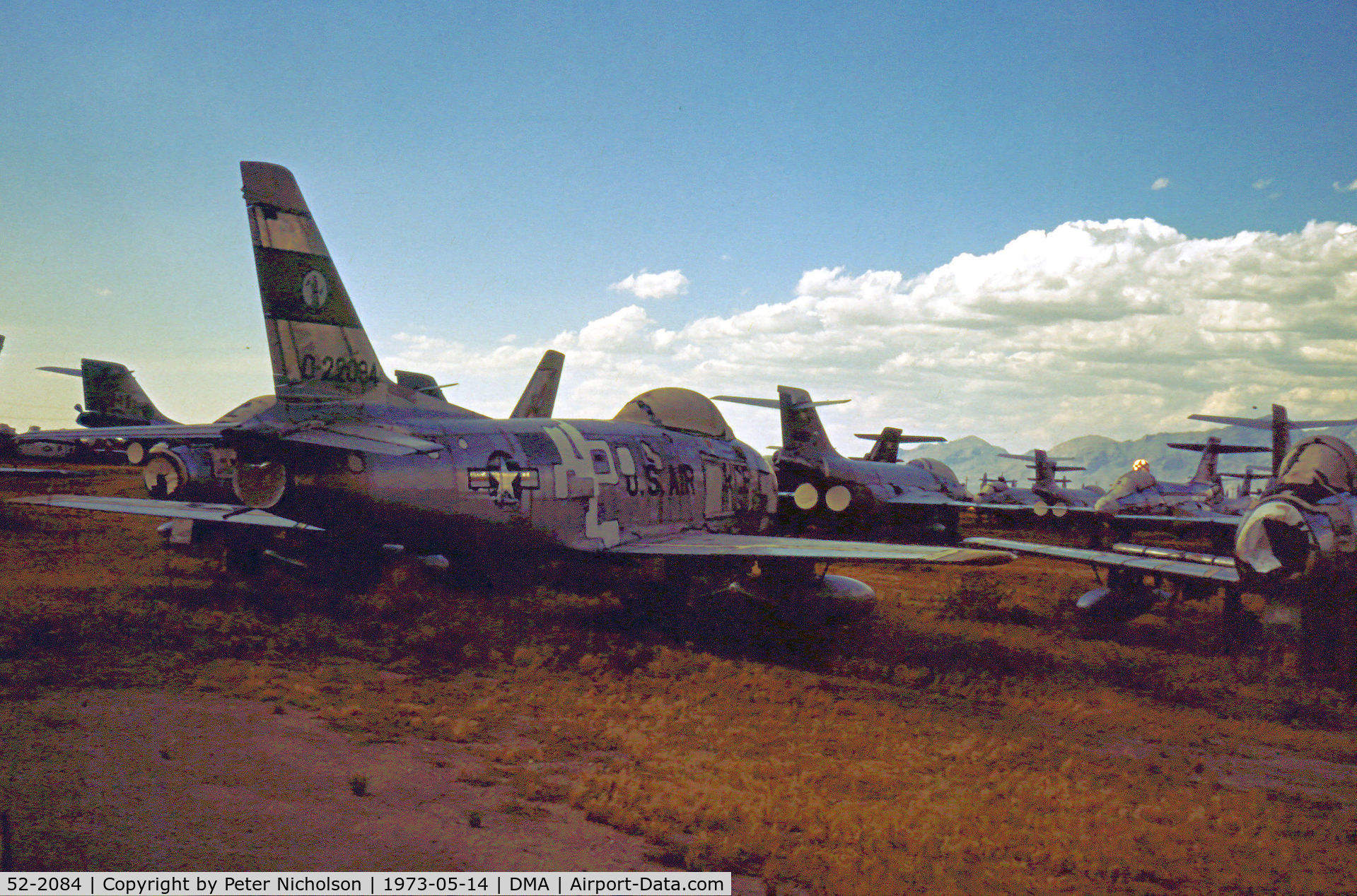 52-2084, 1952 North American F-86H Sabre C/N 187-110, F-86H Sabre of 196th Fighter Interceptor Squadron California ANG in storage at what was then known as the Military Aircraft Storage & Disposition - MASDC - in May 1973.