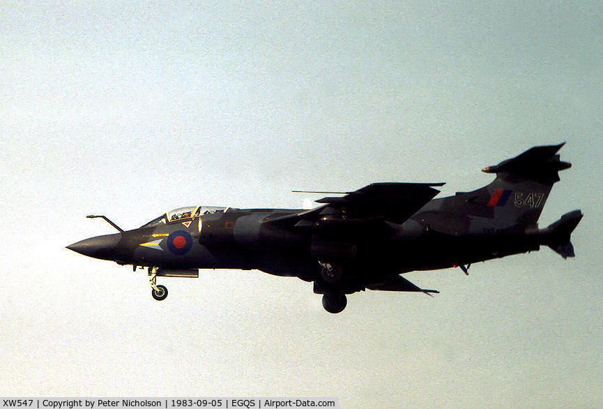 XW547, 1972 Hawker Siddeley Buccaneer S.2B C/N B3-08-71, Buccaneer S.2B of 208 Squadron on final approach to Runway 05 at RAF Lossiemouth in September 1983.  These tail markings lasted for only a short period of time.