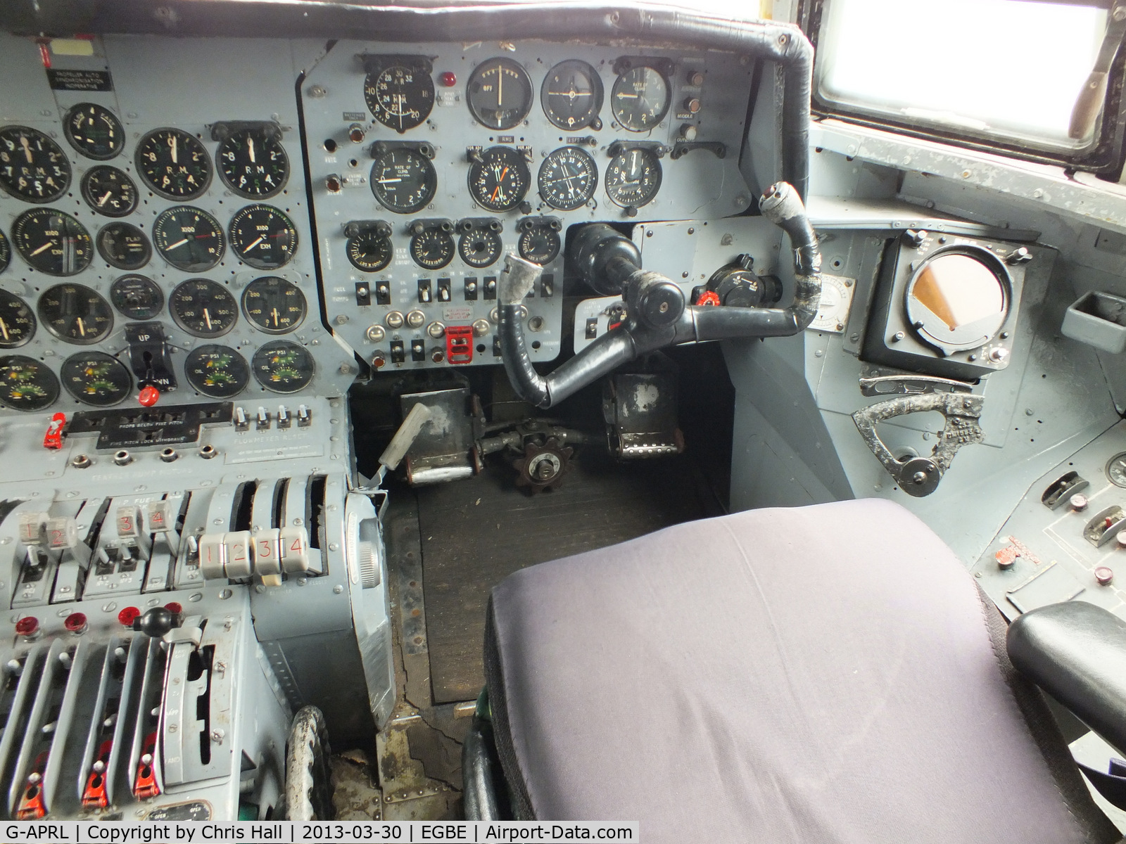 G-APRL, 1959 Armstrong Whitworth AW650 Argosy 101 C/N 6652, inside the cockpit of Argosy G-APRL preserved at the Midland Air Museum