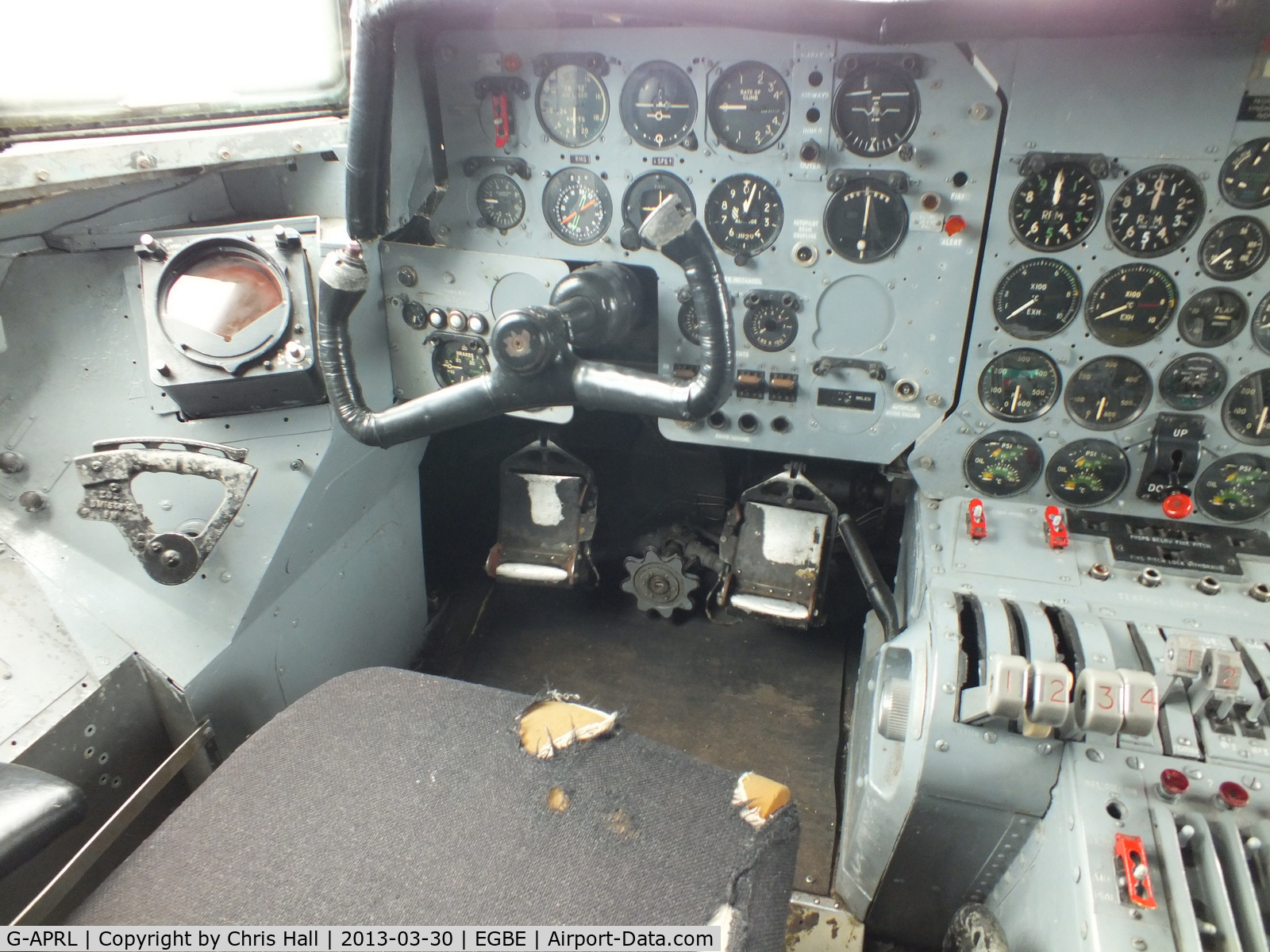 G-APRL, 1959 Armstrong Whitworth AW650 Argosy 101 C/N 6652, cockpit of Argosy G-APRL preserved at the Midland Air Museum