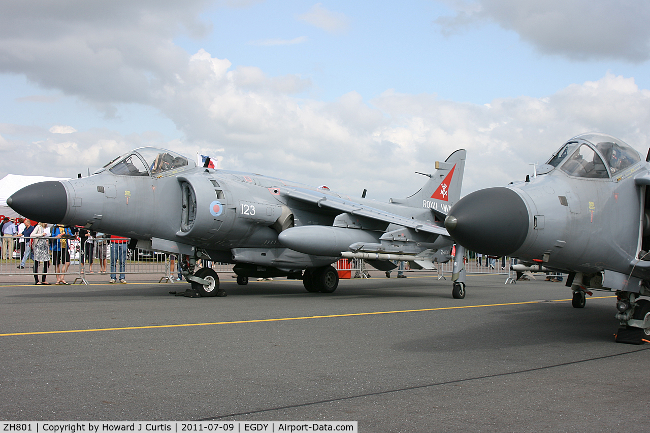 ZH801, 1996 British Aerospace Sea Harrier F/A.2 C/N NB06, Confuse a spotter! To the left is Sea Harrier ZH801 painted as ZH800/123 while to the right is Sea Harrier ZH800, painted as ZH801/001! At Air Day 2011.