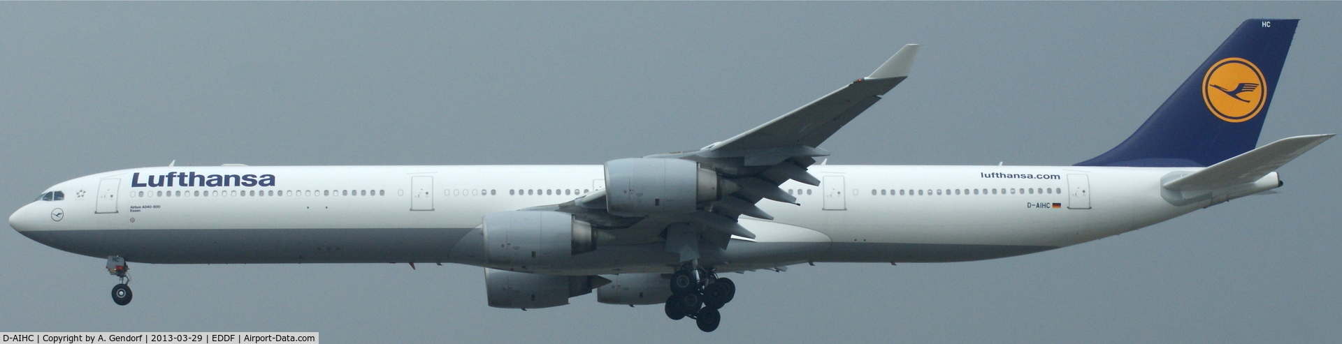D-AIHC, 2003 Airbus A340-642 C/N 523, Lufthansa, arriving from a longhaul flight at Frankfurt Int´l (EDDF)
