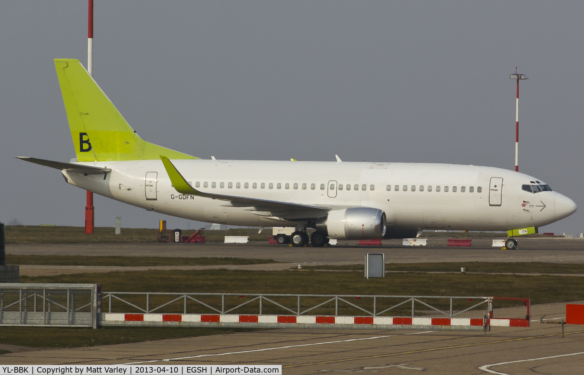 YL-BBK, 1998 Boeing 737-33V C/N 29332, G-GDFN(Jet2) sat on stand outside the KLM hangar.