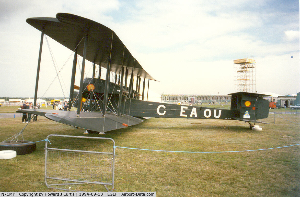 N71MY, 1994 Vickers FB-27A Vimy (replica) C/N 01, Painted as G-EAOU. At the Farnborough Air Show.
