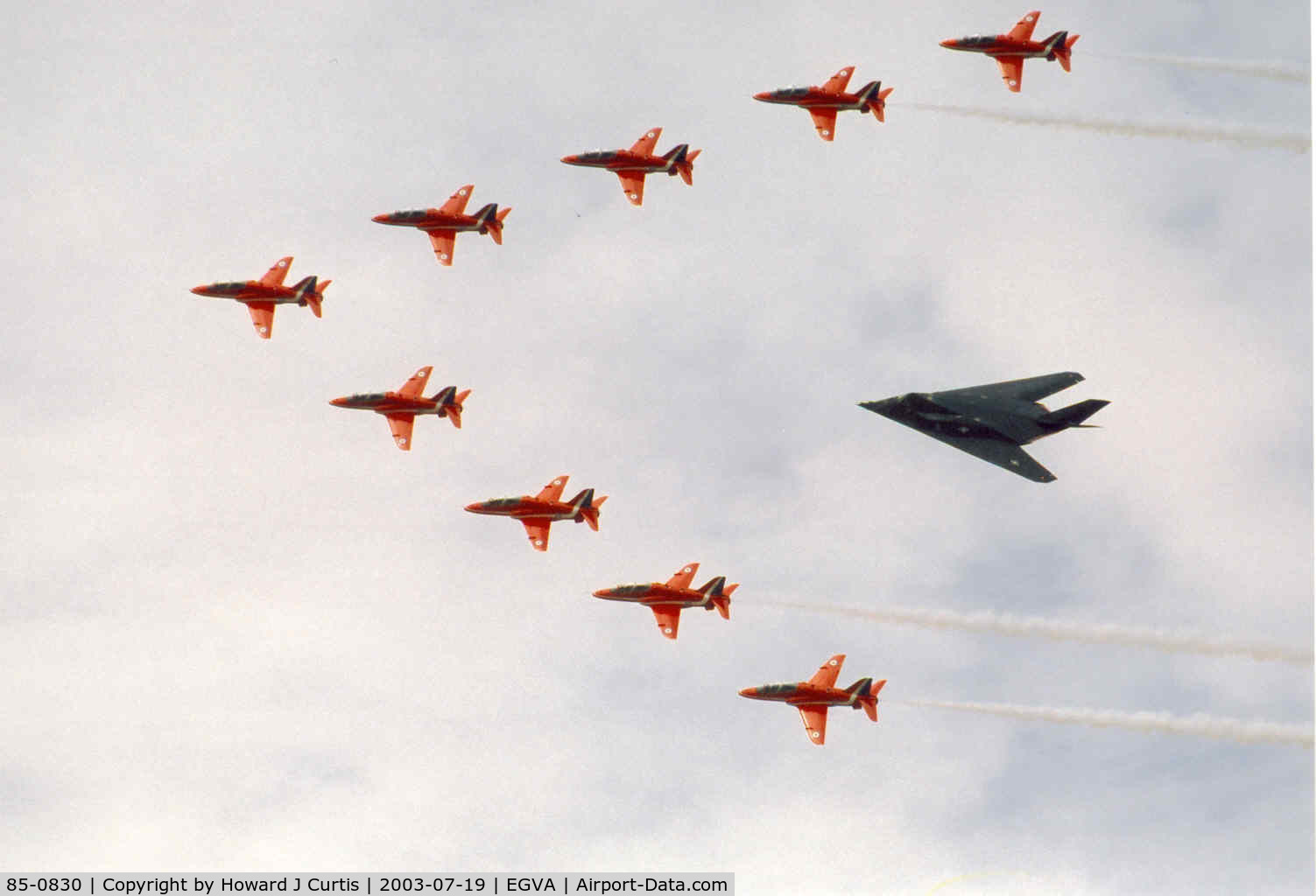 85-0830, 1985 Lockheed F-117A Nighthawk C/N A.4052, In formation with the Red Arrows.