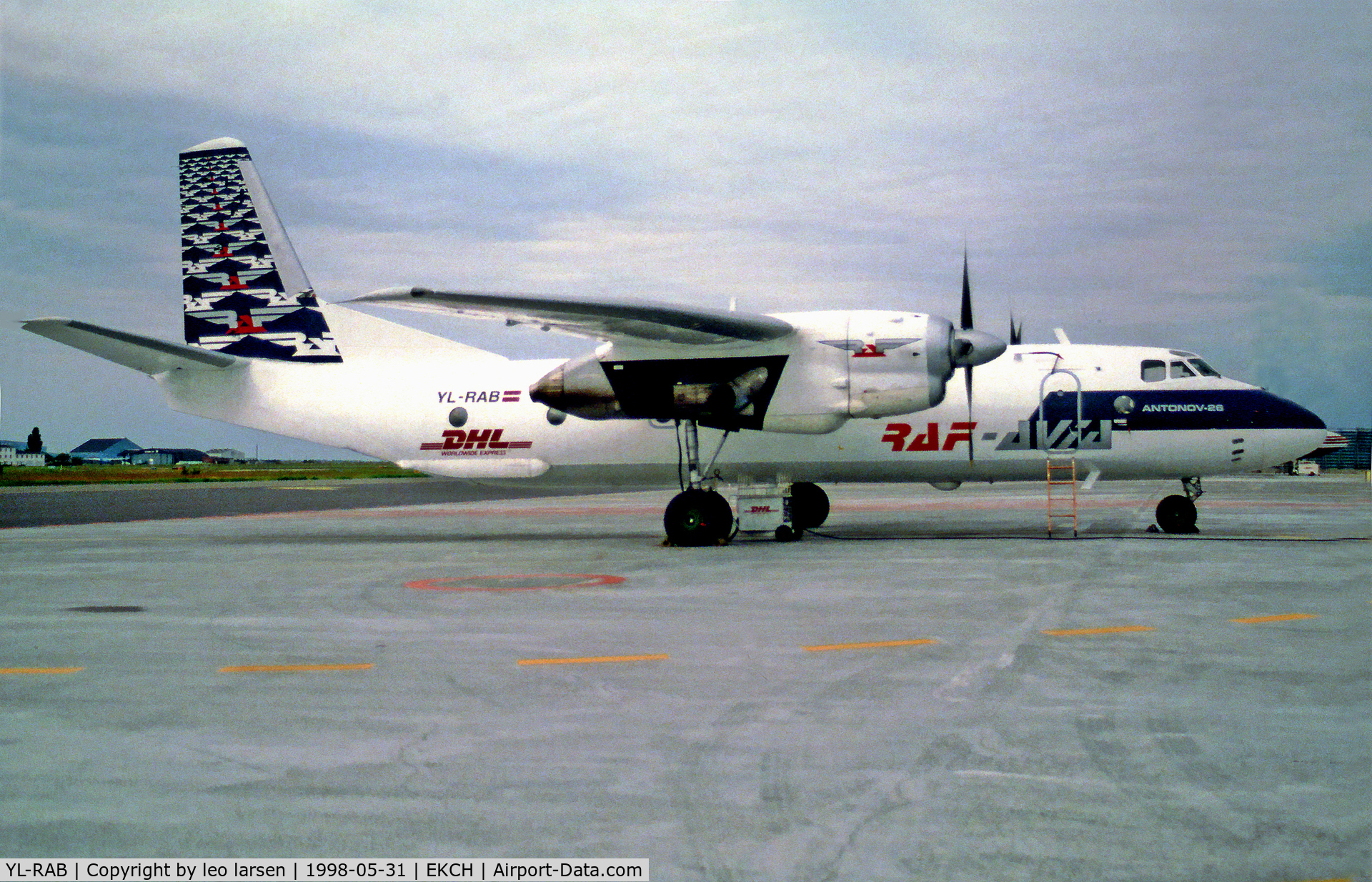 YL-RAB, 1980 Antonov An-26B C/N 7310508, Copenhagen Kastrup 31.5.98 with DHL sign