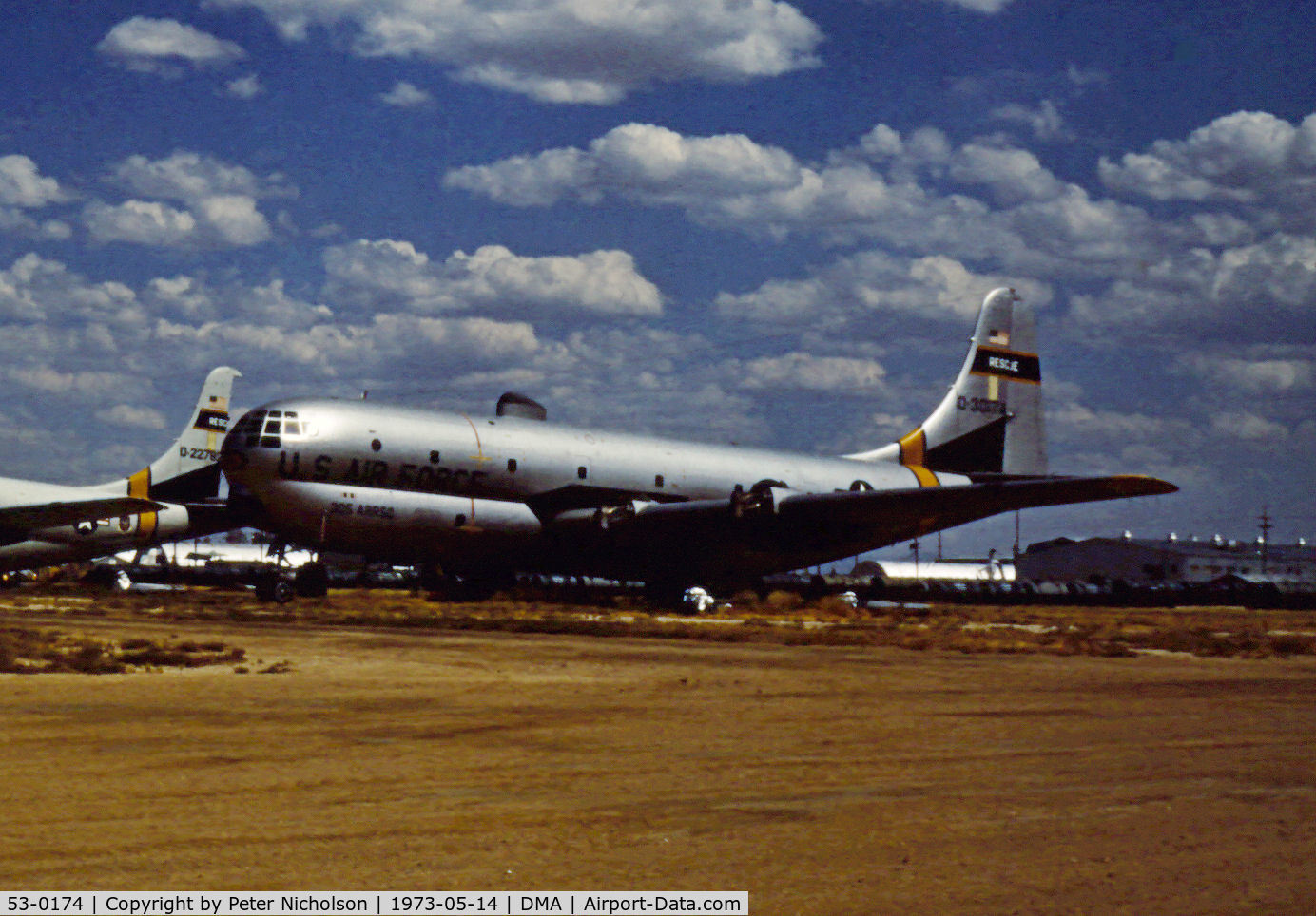 53-0174, 1953 Boeing HC-97G Stratofreighter C/N 16956, HC-97G Stratofreighter of 305th ARRS in storage at what was then known as the Military Aircraft Storage & Disposition Centre - MASDC - in May 1973.