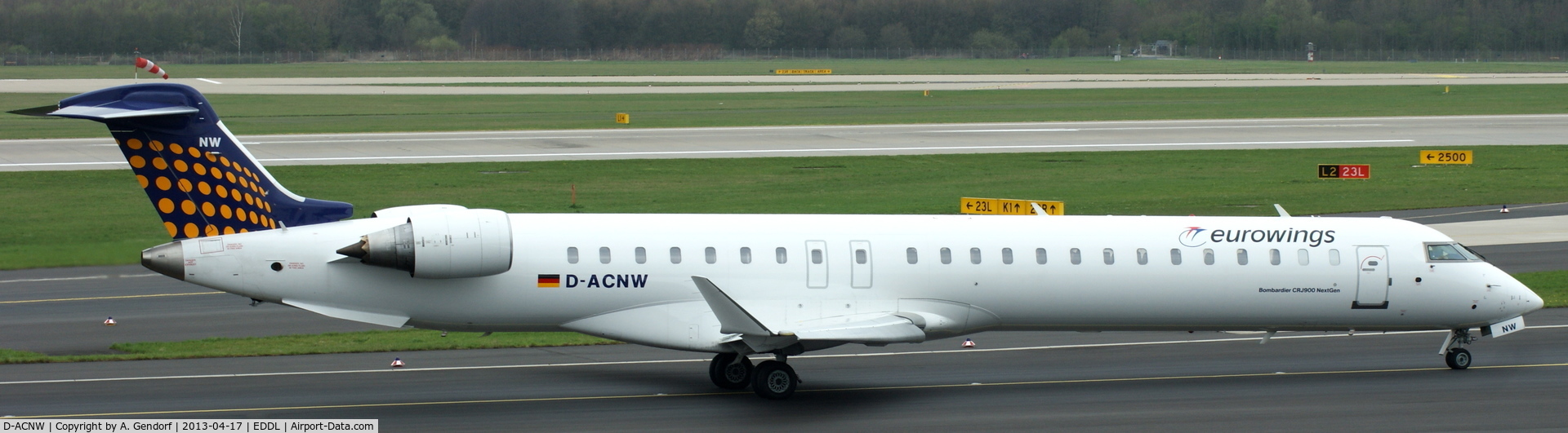 D-ACNW, 2011 Bombardier CRJ-900LR (CL-600-2D24) C/N 15269, Eurowings (Lufthansa Regional cs.), is taxiing to the RWY for departure at Düsseldorf Int´l (EDDL)
