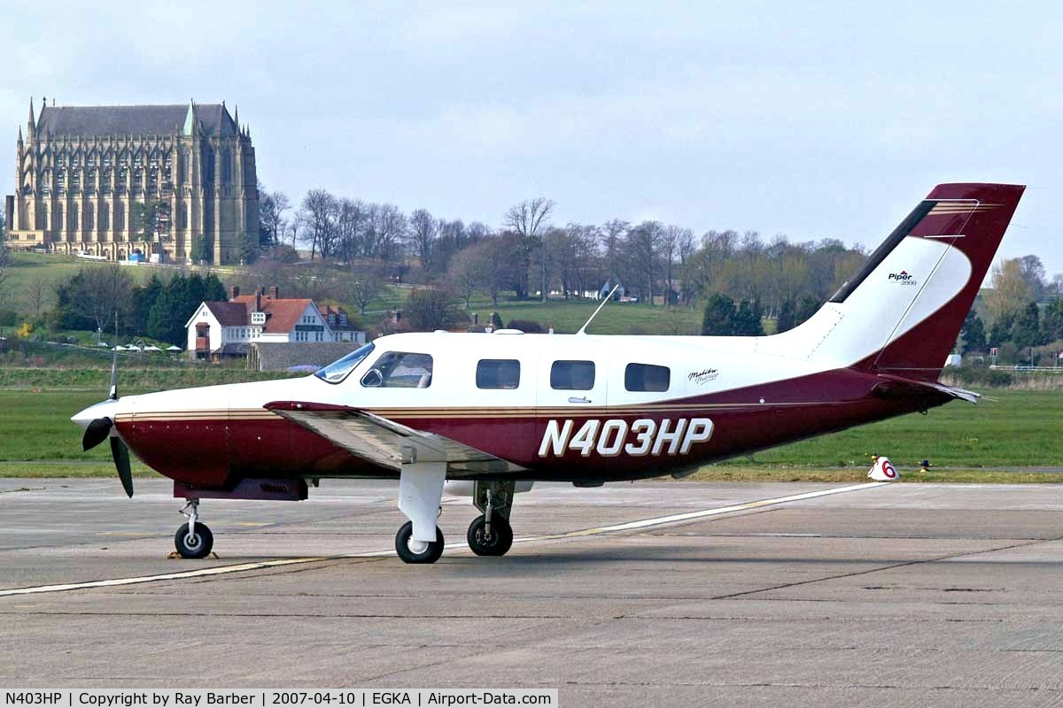 N403HP, 2000 Piper PA-46-350P Malibu Mirage C/N 4636312, Piper PA-46-350P Malibu Mirage JetPROP DLX [4636312] Shoreham~G 10/04/2007. This aircraft crashed into woods and was written off near Weinerwald Austria whilst en route from Shoreham to Bad Voslau Austria on 2008-12-14.