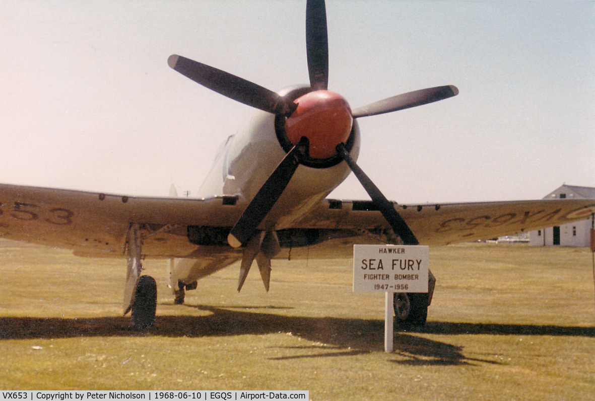 VX653, 1949 Hawker Sea Fury FB.11 C/N Not found G-BUCM/VX653, Sea Fury FB.11 gate guardian at RNAS Lossiemouth in the Summer of 1968.