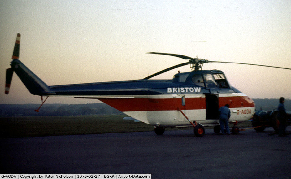 G-AODA, 1955 Westland S.55 Series 3 Whirlwind C/N WA113, Westland S.55 of Bristows Helicopters seen at Redhill in February 1975.