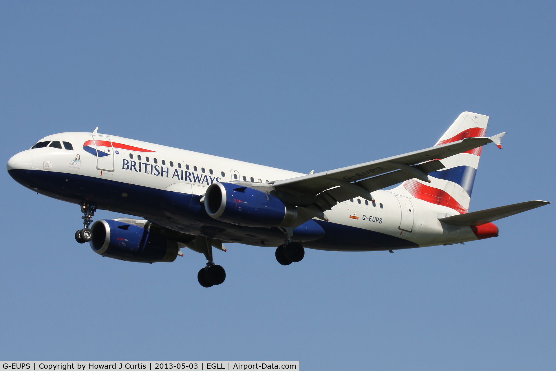 G-EUPS, 2000 Airbus A319-131 C/N 1338, British Airways, on approach to runway 27L.