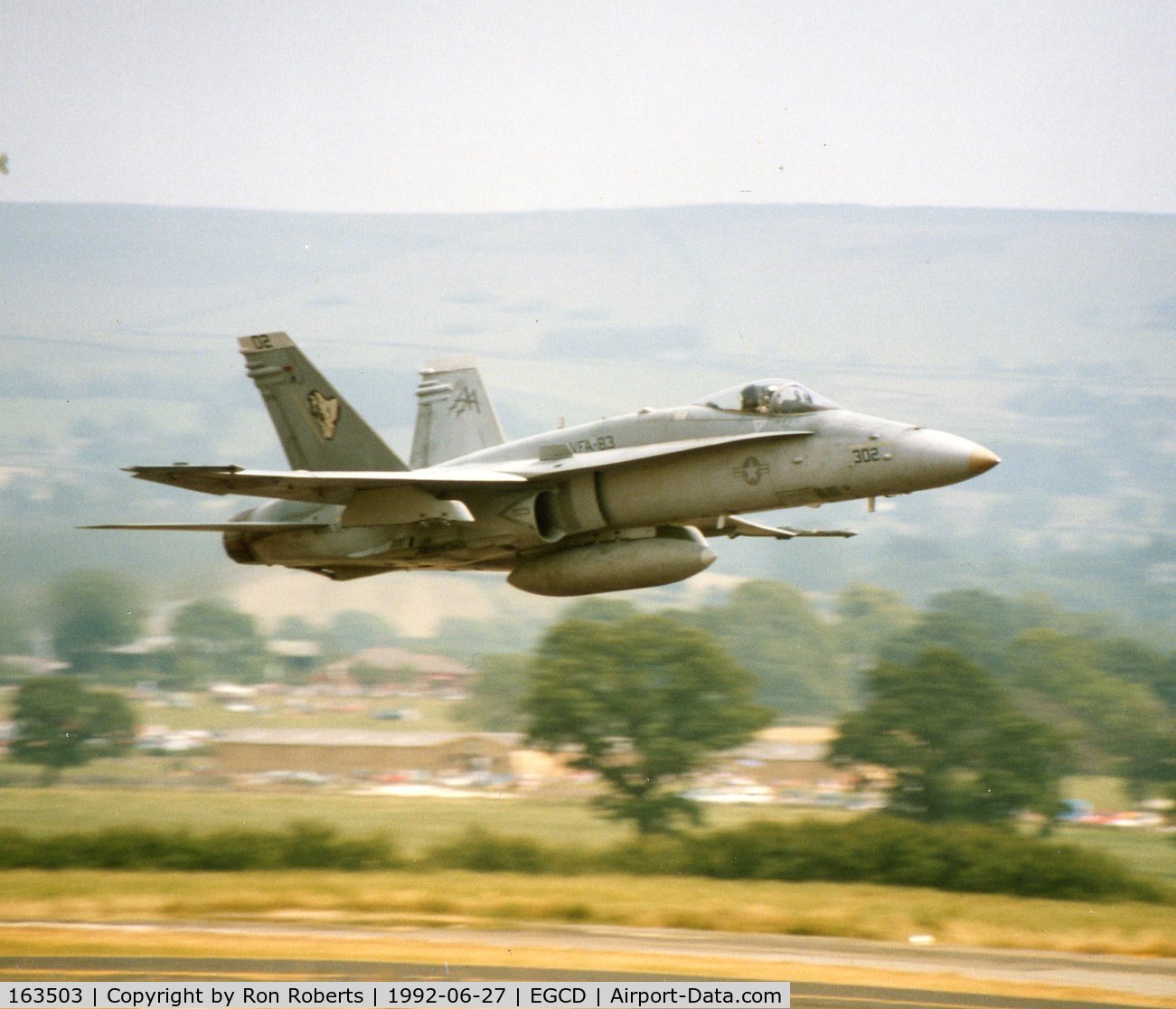 163503, 1988 McDonnell Douglas F/A-18C Hornet C/N 0746/C056, Woodford Airshow. Flew up from the Mediterranean off the USS Saratoga.