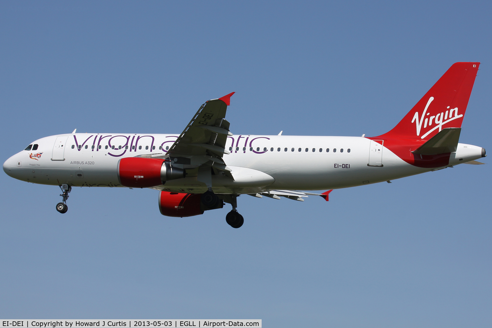 EI-DEI, 2005 Airbus A320-214 C/N 2374, Virgin Atlantic, 'Maggie May'; on approach to runway 27L.