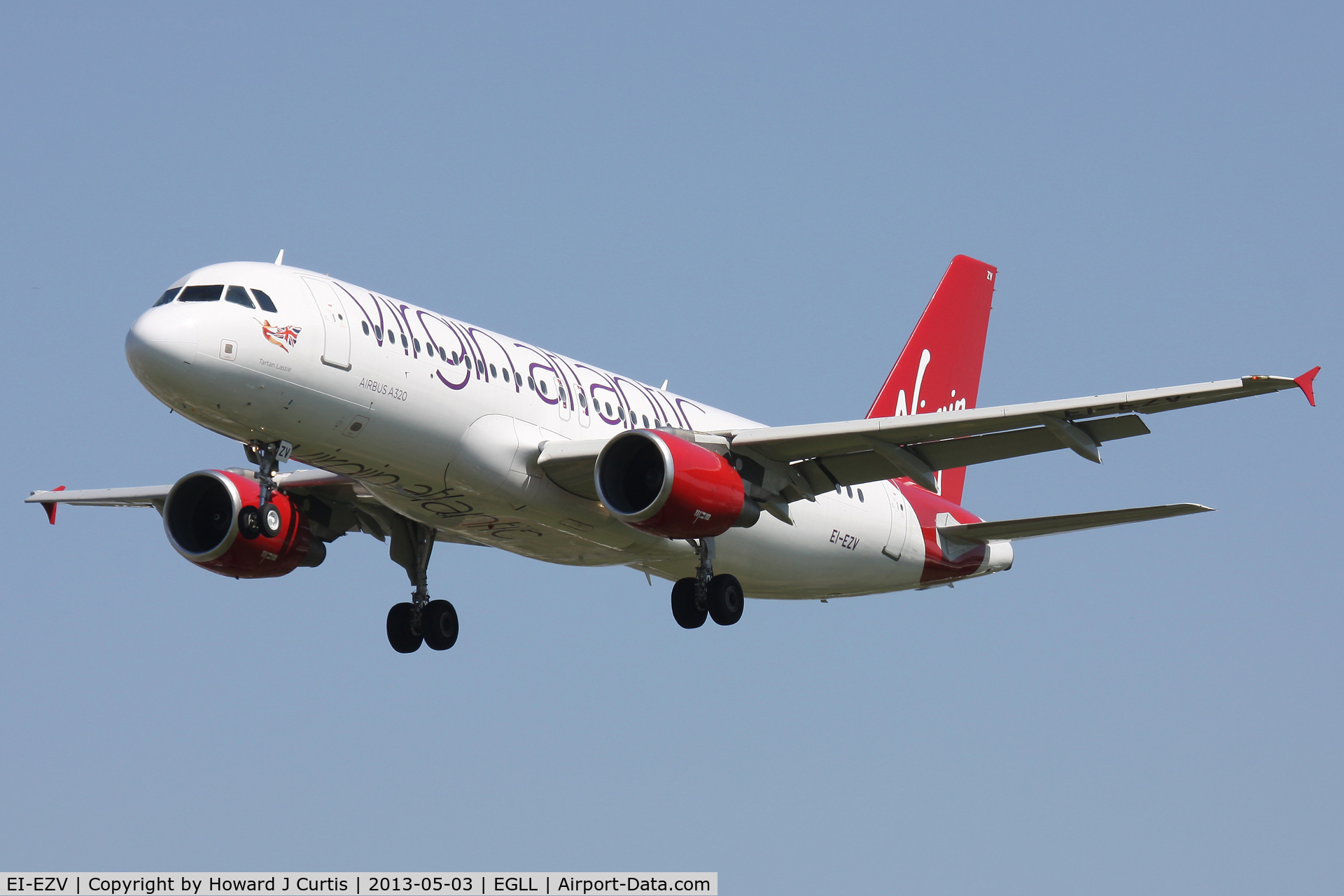 EI-EZV, 2003 Airbus A320-214 C/N 2001, Virgin Atlantic, 'Tartan Lassie'; on approach to runway 27L.