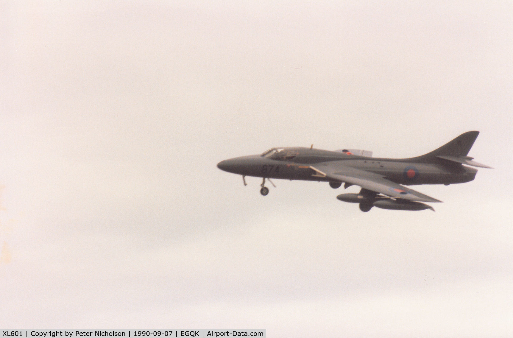 XL601, 1958 Hawker Hunter T.7 C/N 41H-693832, Hunter T.7 of the Royal Navy's Fleet Requirements & Direction Unit on short finals to RAF Kinloss in September 1990.