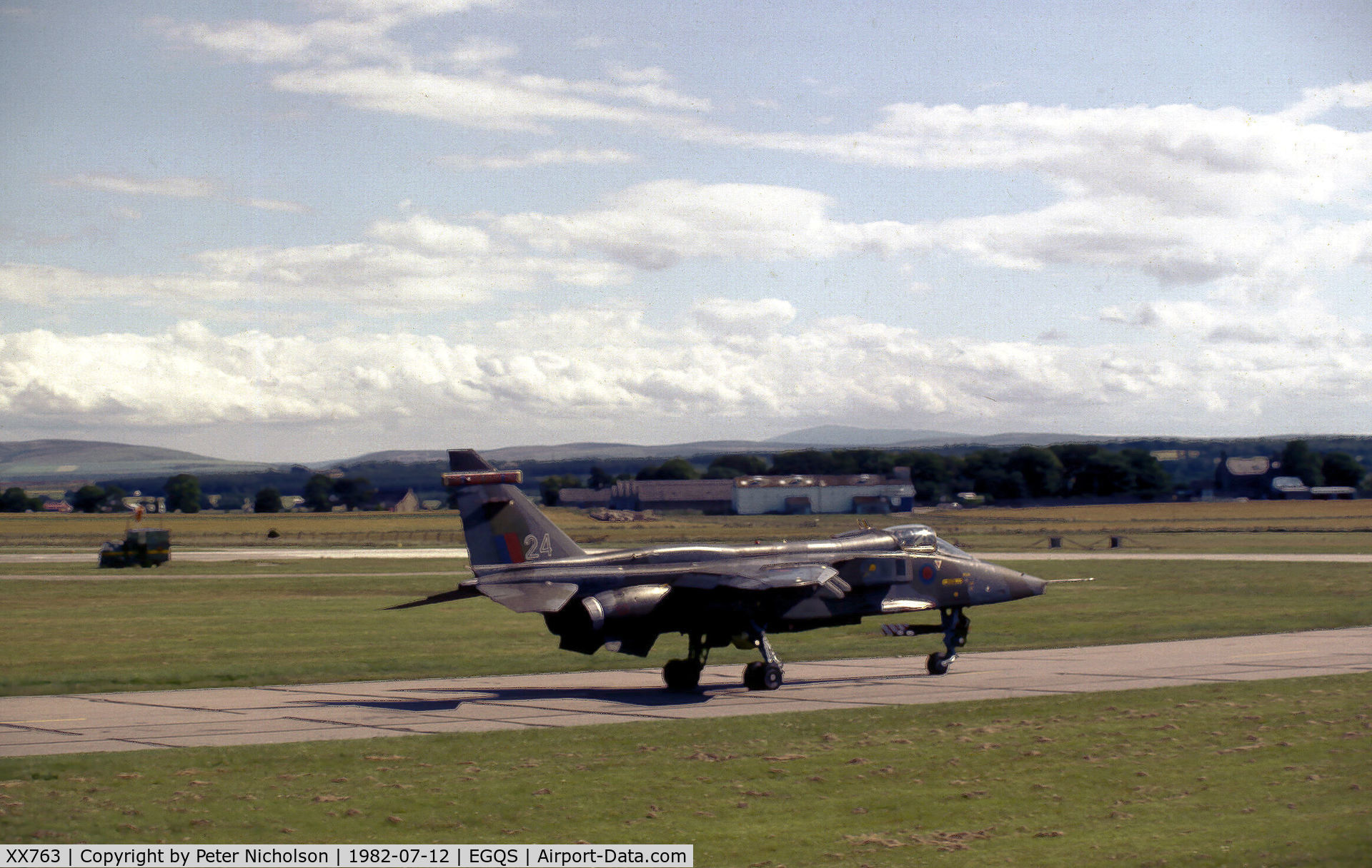 XX763, 1975 Sepecat Jaguar GR.1 C/N S.60, Jaguar GR.1 of 226 Operational Conversion Unit taxying to Runway 05 at RAF Lossiemouth in the Summer of 1982.