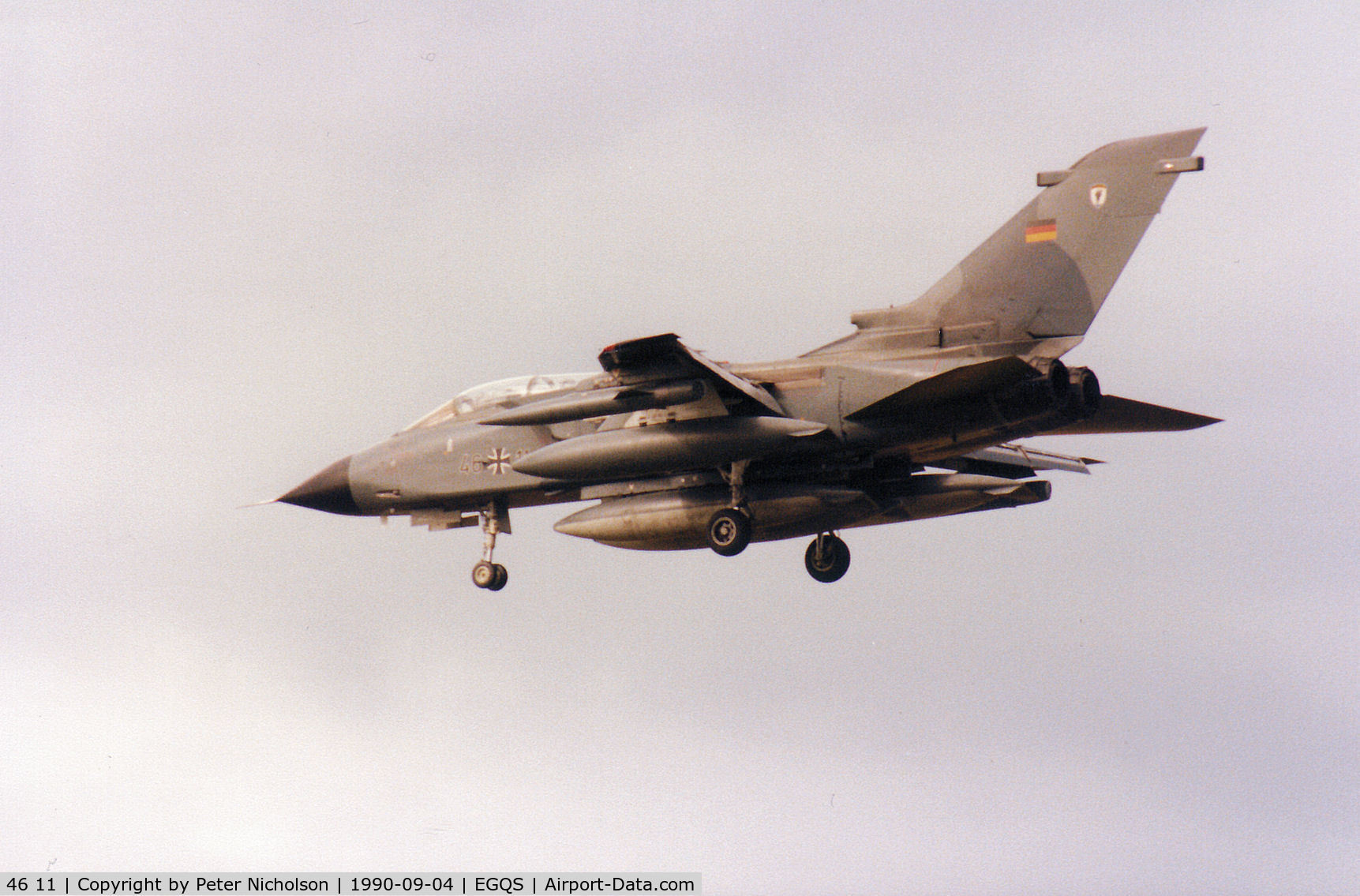 46 11, Panavia Tornado IDS C/N 769/GS244/4311, Tornado IDS of German Marineflieger MFG-1 on finals to Runway 23 at RAF Lossiemouth in the Summer of 1990.