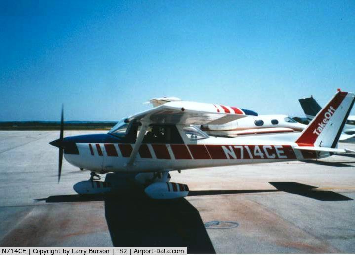 N714CE, Cessna 150M C/N 15079067, N714CE on the ramp at Fredericksburg, TX (T82) in 1997. The craft was a rental out of Denton, TX (DTO). It was totaled after flipping on the DTO ramp in a wind gust. Only the wings had been secured by ground personnel. It was a pleasure to fly.