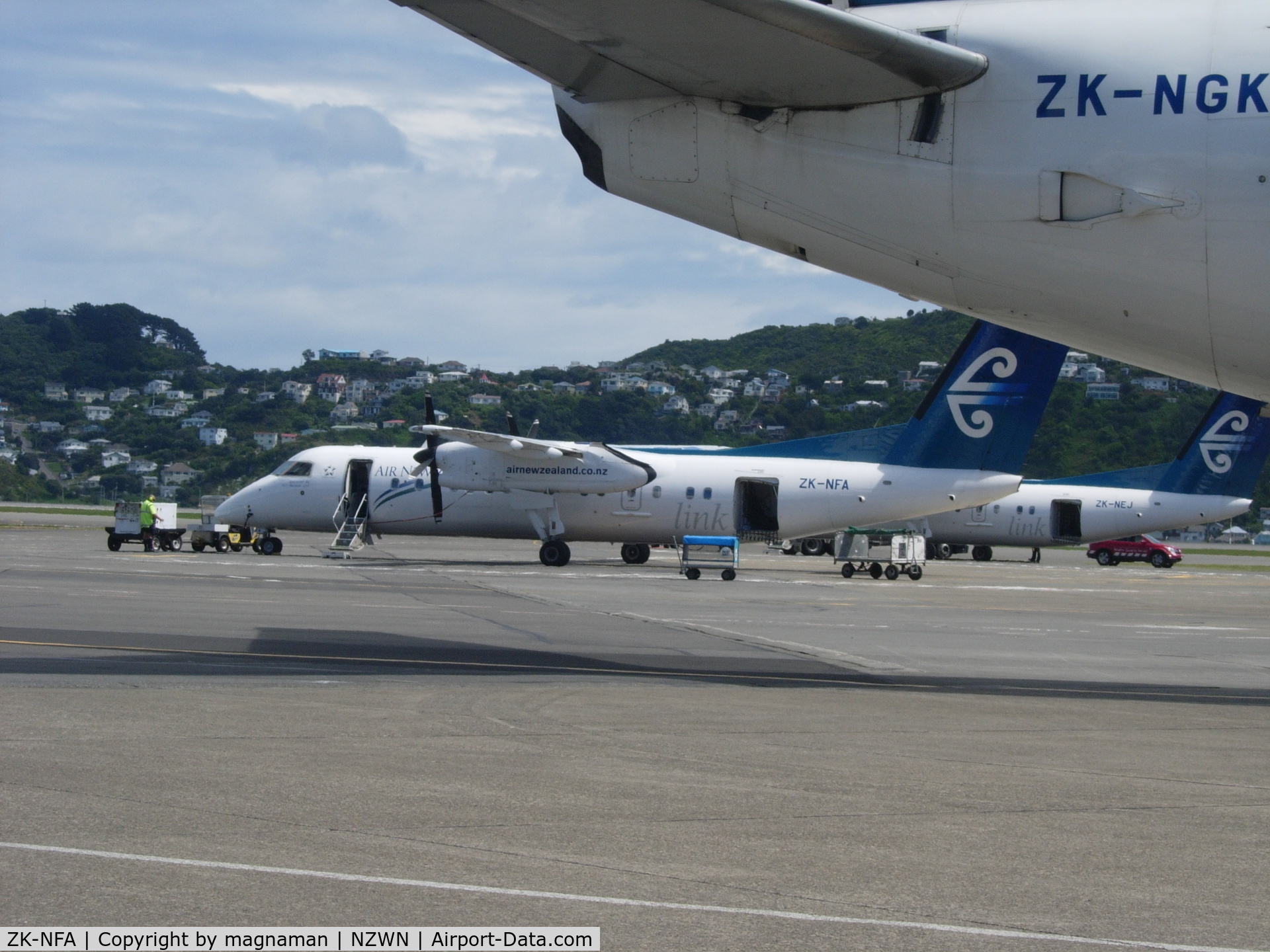 ZK-NFA, 2008 De Havilland Canada DHC-8-311 Dash 8 C/N 659, One of a few on ramp at Welly. View from rental car, car park.