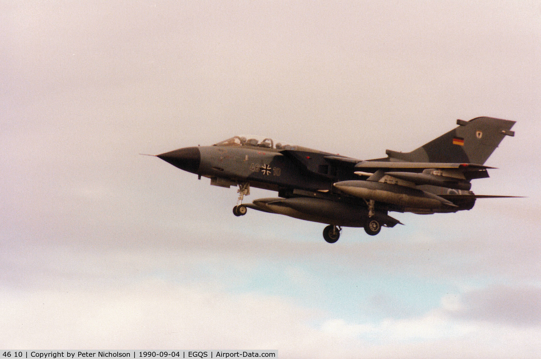 46 10, Panavia Tornado IDS C/N 767/GS243/4310, Tornado IDS of Marineflieger MFG-1 on final approach to Runway 23 at RAF Lossiemouth in the Summer of 1990.