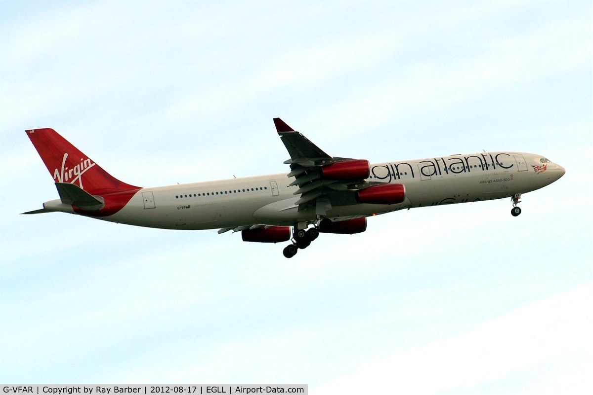 G-VFAR, 1998 Airbus A340-313X C/N 225, Airbus A340-313X [225] (Virgin Atlantic) Home~G 17/08/2012. On approach 27L.