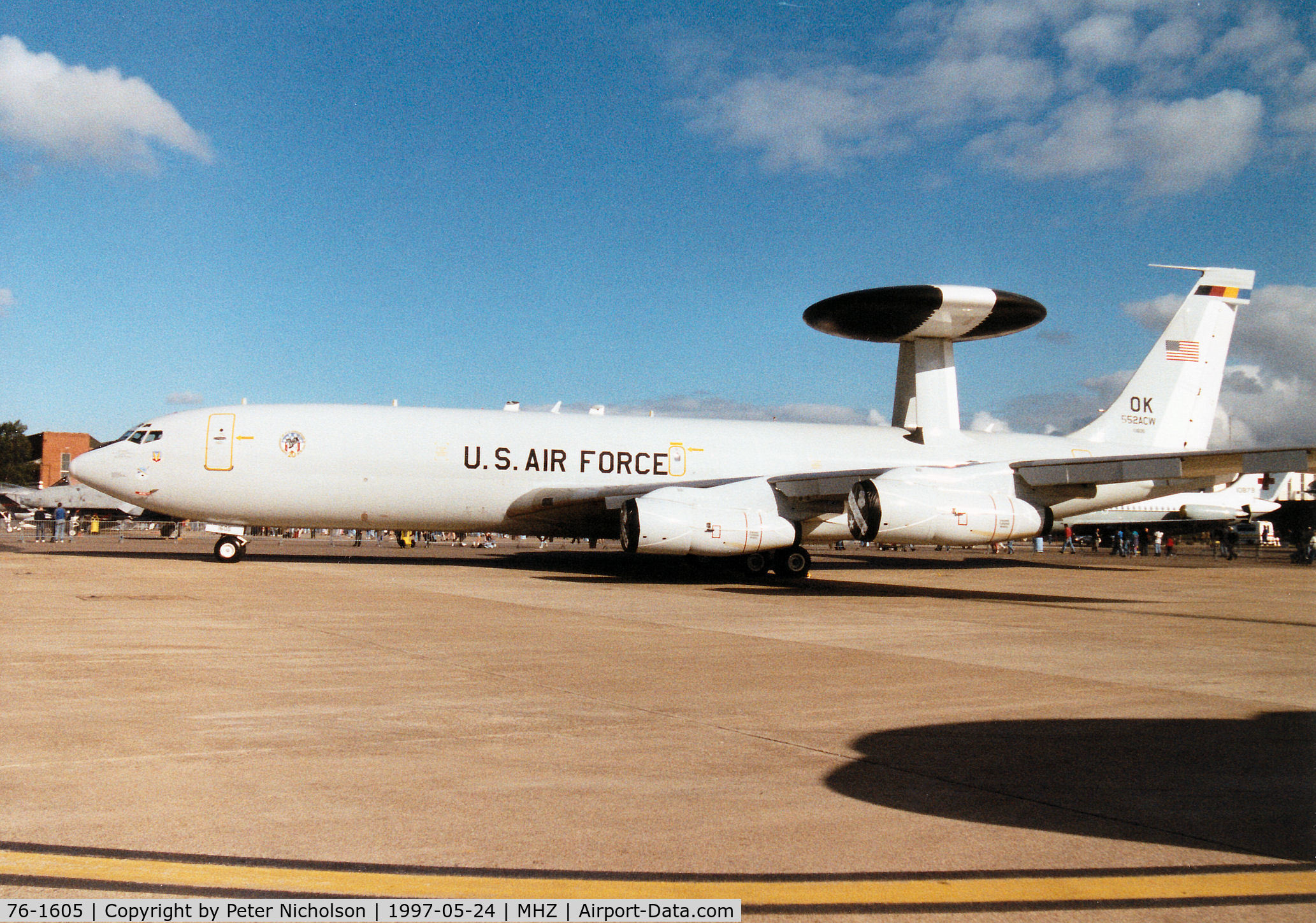 76-1605, 1976 Boeing E-3B Sentry C/N 21435/924, E-3B Sentry, callsign Shuck 87, of the 552nd Air Control Wing at Tinker AFB on display at the 1997 RAF Mildenhall Air Fete.