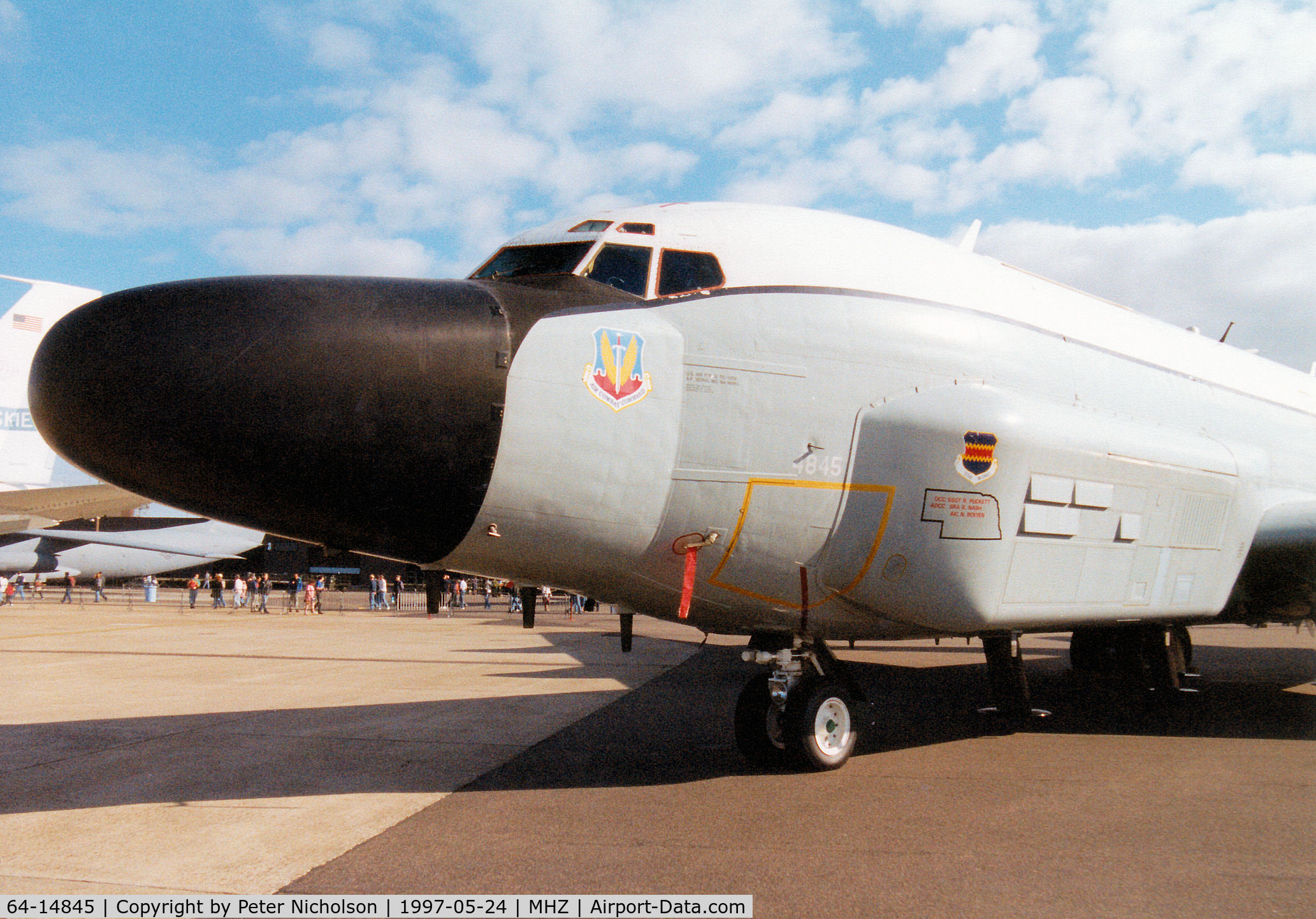 64-14845, Boeing RC-135V Rivet Joint C/N 18785, Another view of the RC-135V Rivet Joint intelligence aircraft of Offutt AFB's 55 Wing on display at the 1997 RAF Mildenhall Air Fete.