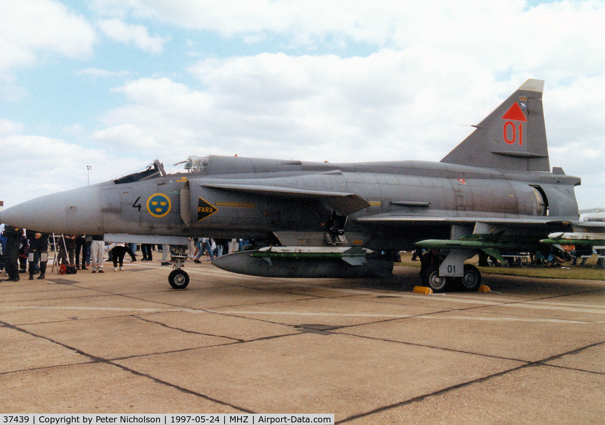 37439, Saab JA 37 Viggen C/N 37439, JA 37 Viggen of F4 Wing of the Swedish Air Force based at Östersund on display at the 1997 RAF Mildenhall Air Fete