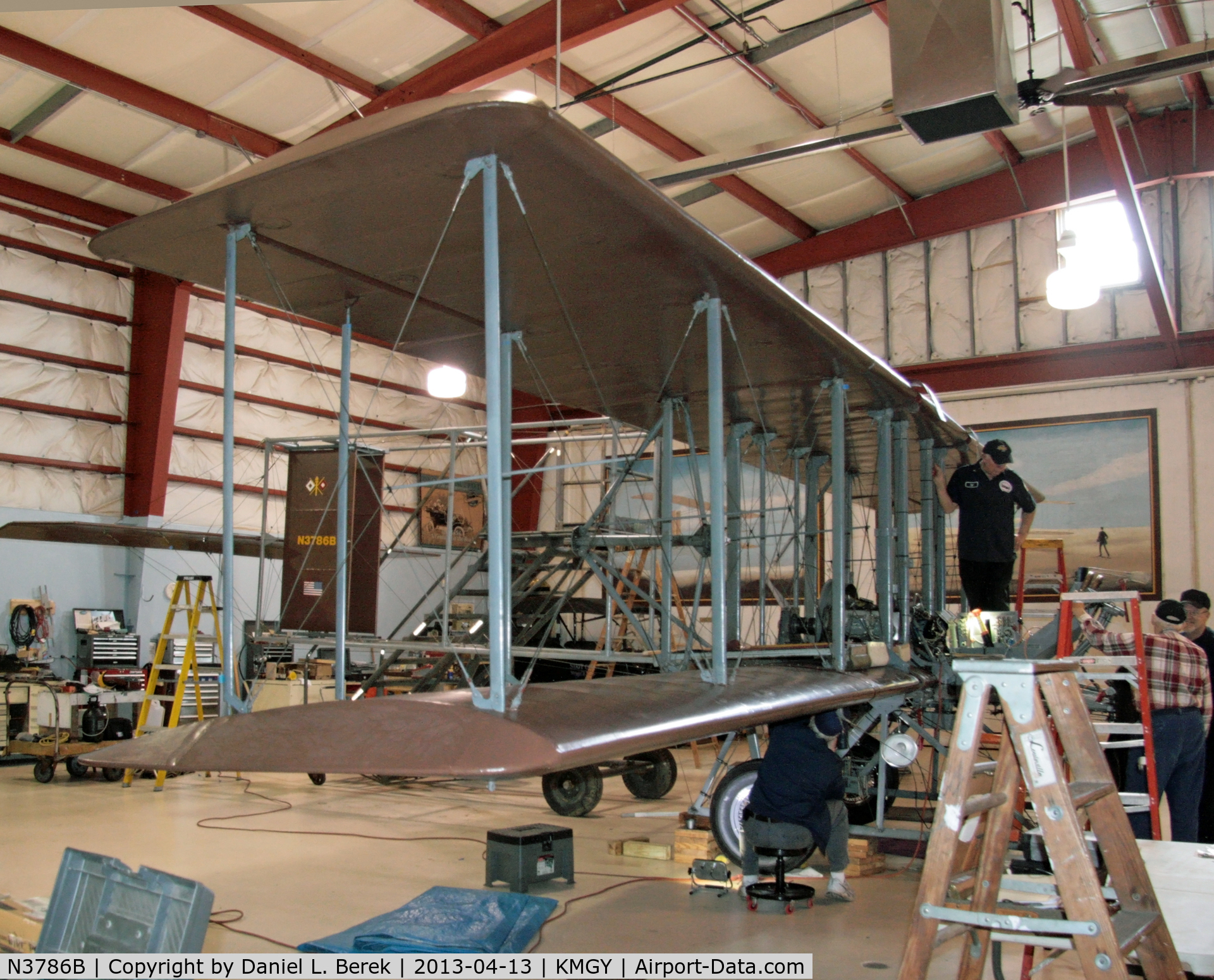 N3786B, 1981 Wright Model B Flyer Replica C/N 001, Old eighty-six bravo gets some attention and TLC in preparation for the 2013 flying season.