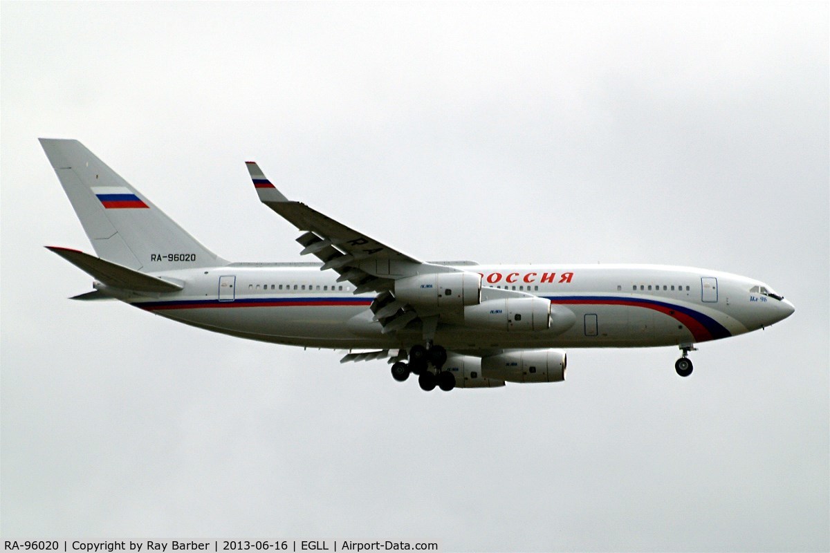 RA-96020, 2012 Ilyushin Il-96-300 C/N 74393202020, Ilyushin IL-96-300PU(M1) [74393202020} (Rossiya Special Flight Detachment) Home~G 16/06/2013. Bringing in President Putin's entourage vehicles etc on a dull cloudy day . On approach 27L.