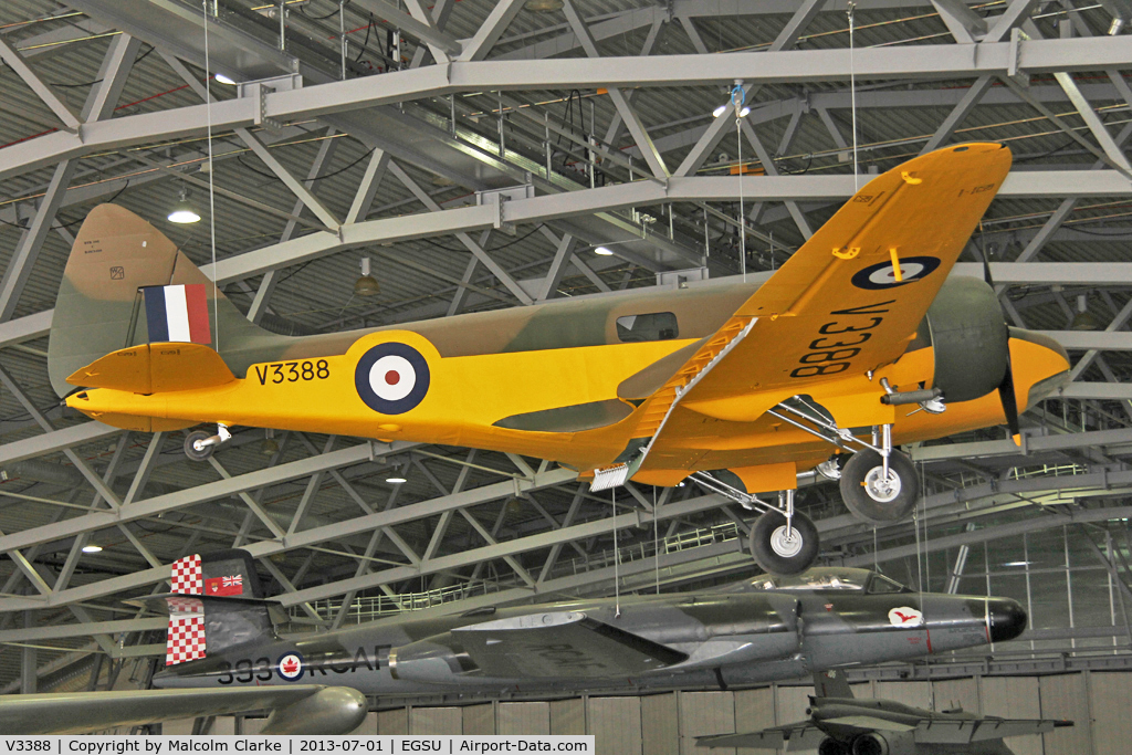 V3388, 1940 Airspeed AS.10 Oxford I C/N 3083, Airspeed AS-10 Oxford I. Suspended from the roof in AirSpace, Imperial War Museum Duxford, July 2013.