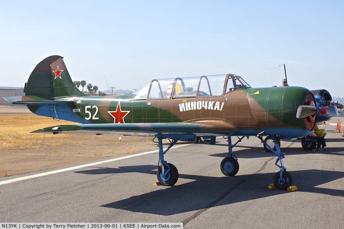 N13YK, 1993 Yakovlev Yak-52 C/N 9311611, At 2013 Wings Over Gillespie Airshow , San Diego , California