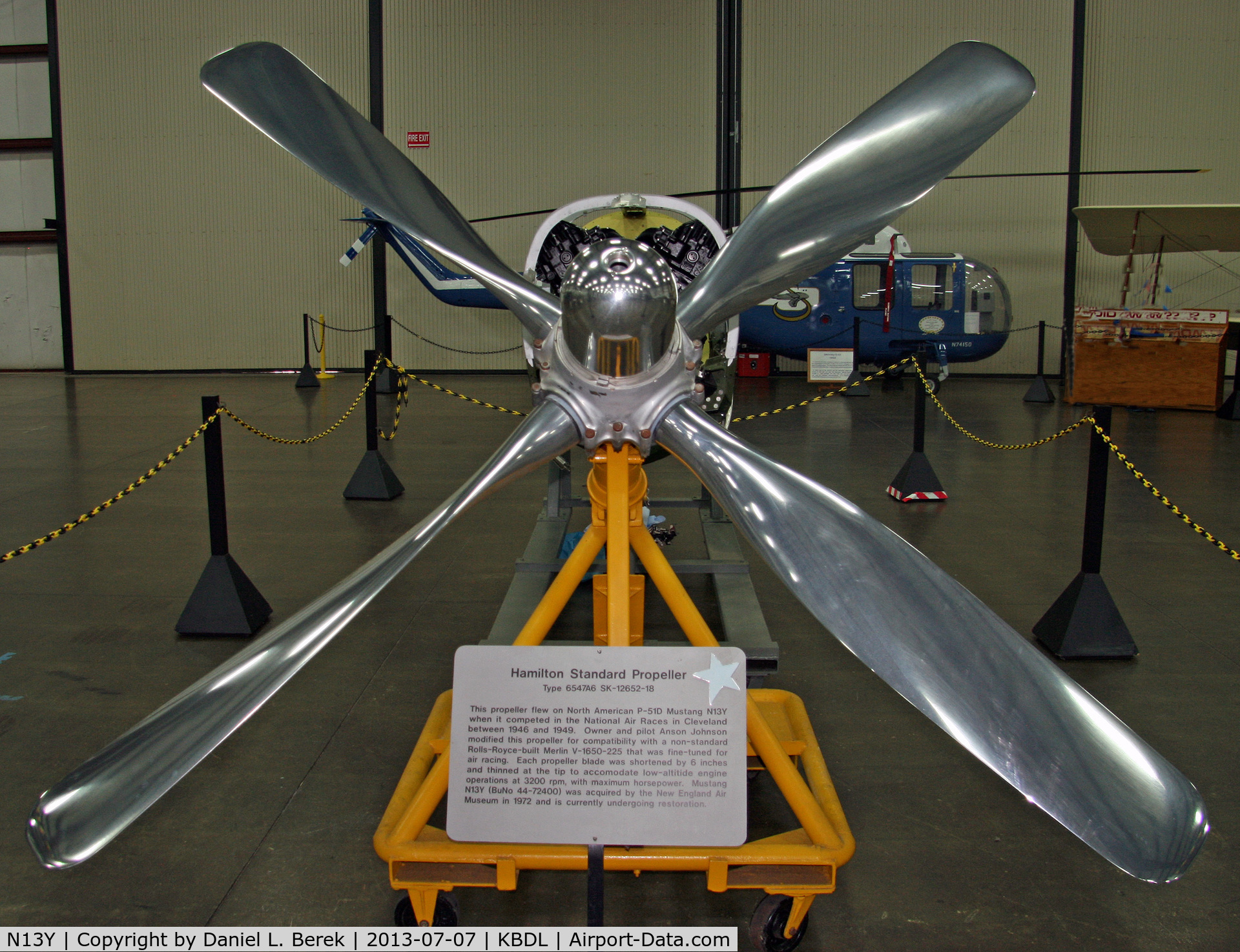 N13Y, 1944 North American P-51D Mustang C/N 122-38859, This aircraft is currently undergoing restoration. The propeller is heavily modified, according to the NEAM placard.