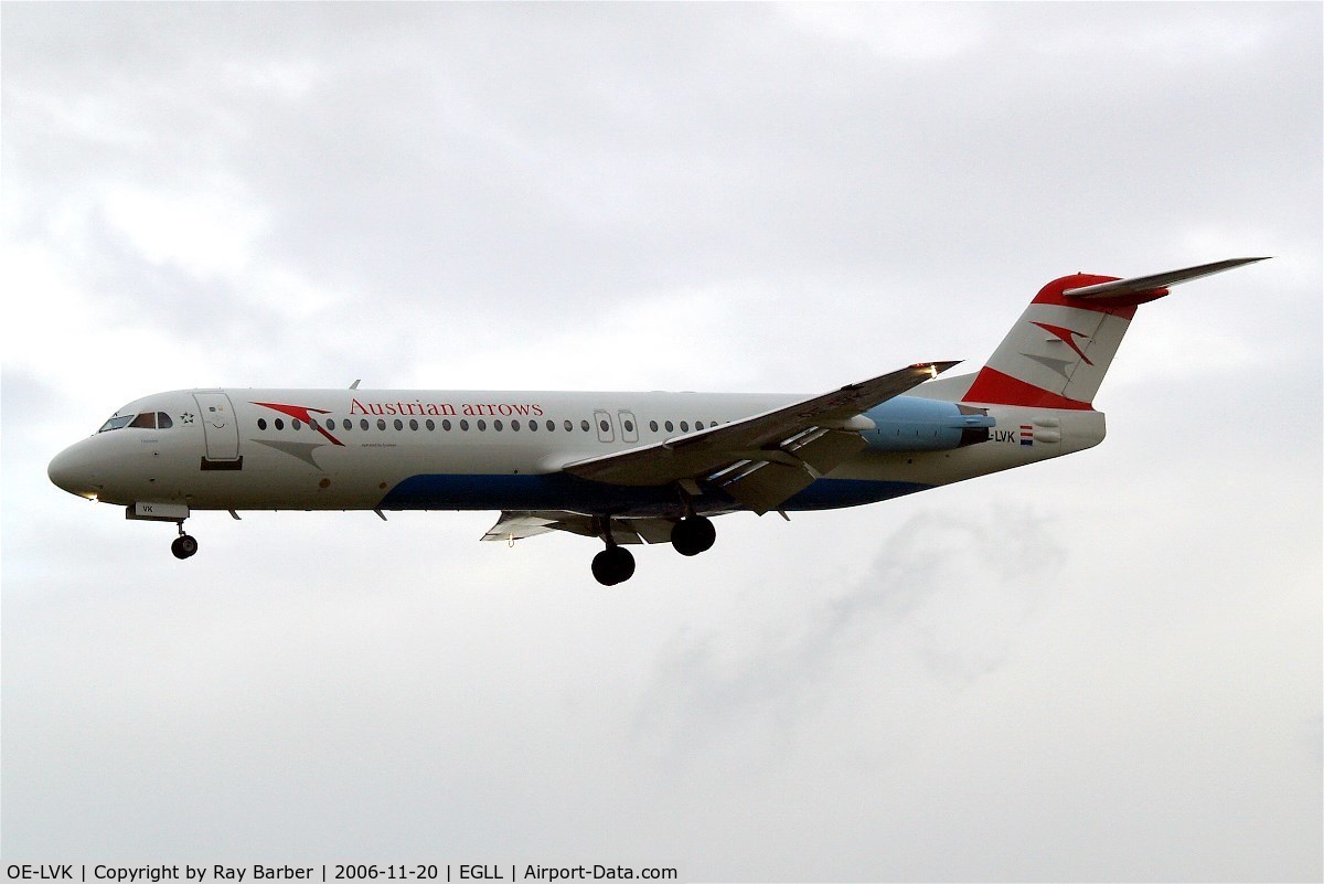OE-LVK, 1992 Fokker 100 (F-28-0100) C/N 11397, Fokker F-100 [11397] (Austrian Arrows) Heathrow~G 20/11/2006. On finals 27L.